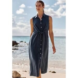 J. Jill Love Linen Navy Blue Sleeveless Tie Front Midi Button Up Shirt Dress XL